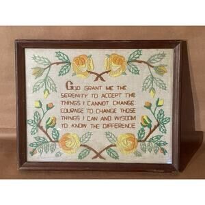 Vintage Serenity Prayer Embroidery Framed Art Yellow Roses Mid Century 1970s